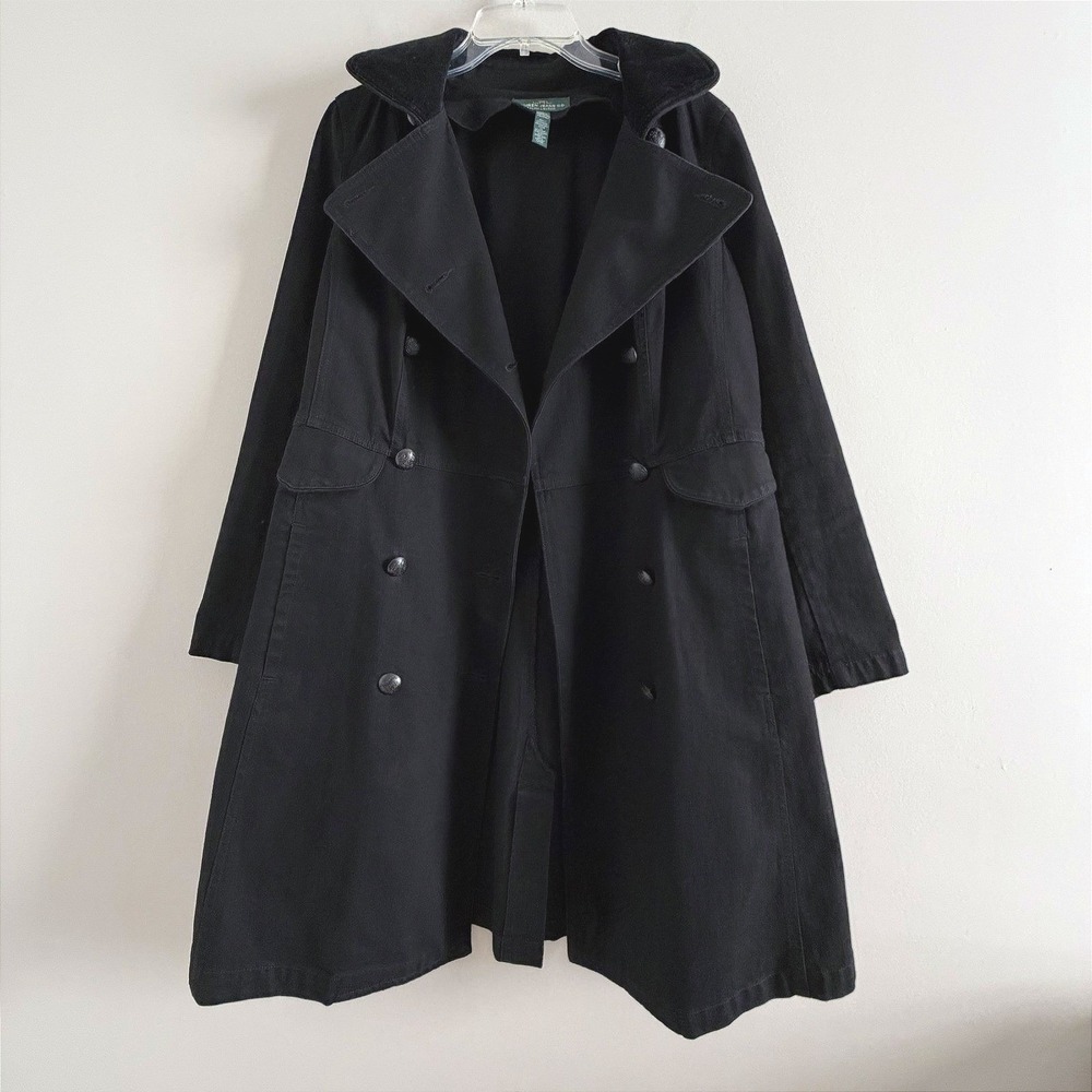 VTG Ralph Lauren Black Velvet Trim Double Breasted Denim Trench Coat L Y2K